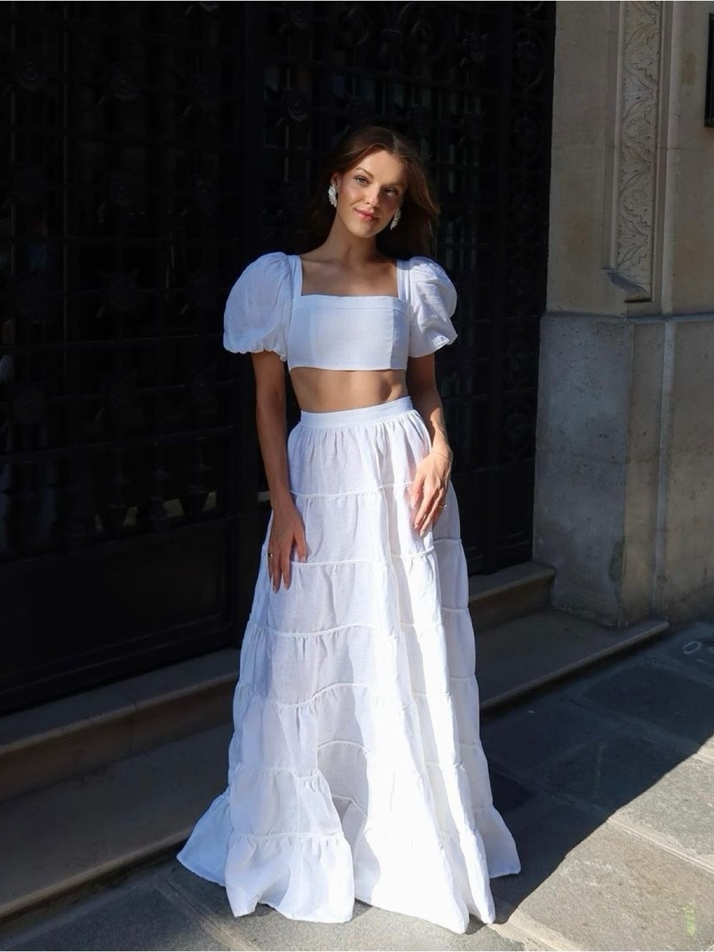DISSH Aisle White Puff Sleeve Crop and Tiered Maxi Skirt Set - Picture 2 of 10